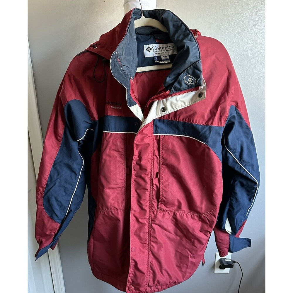 Columbia lightweight Blue Red Jacket mens Large Full zip Lined Hooded Coat EUC